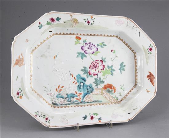 A Chinese famille rose canted rectangular dish, Qianlong period, 39cm, some wear to enamels